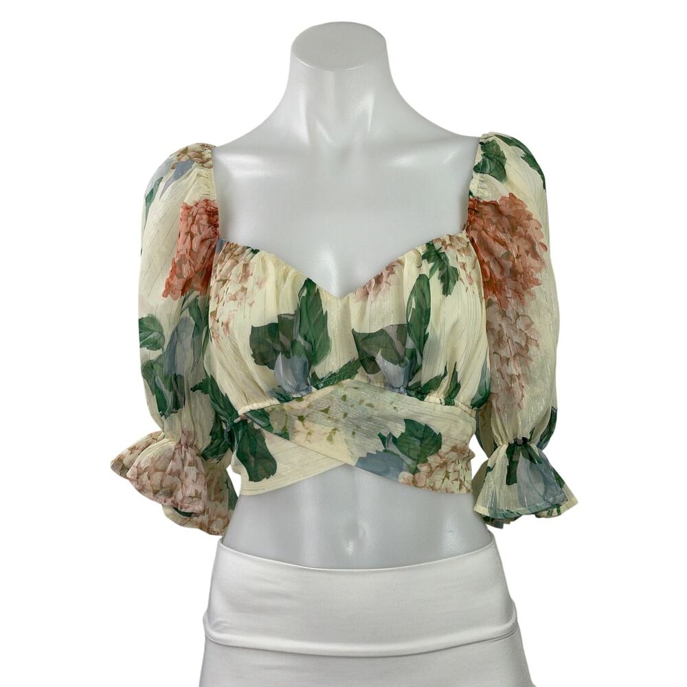 A.Peach Multicolor Floral Metallic Half Puff Sleeve Tie Blouse Crop Top Size S